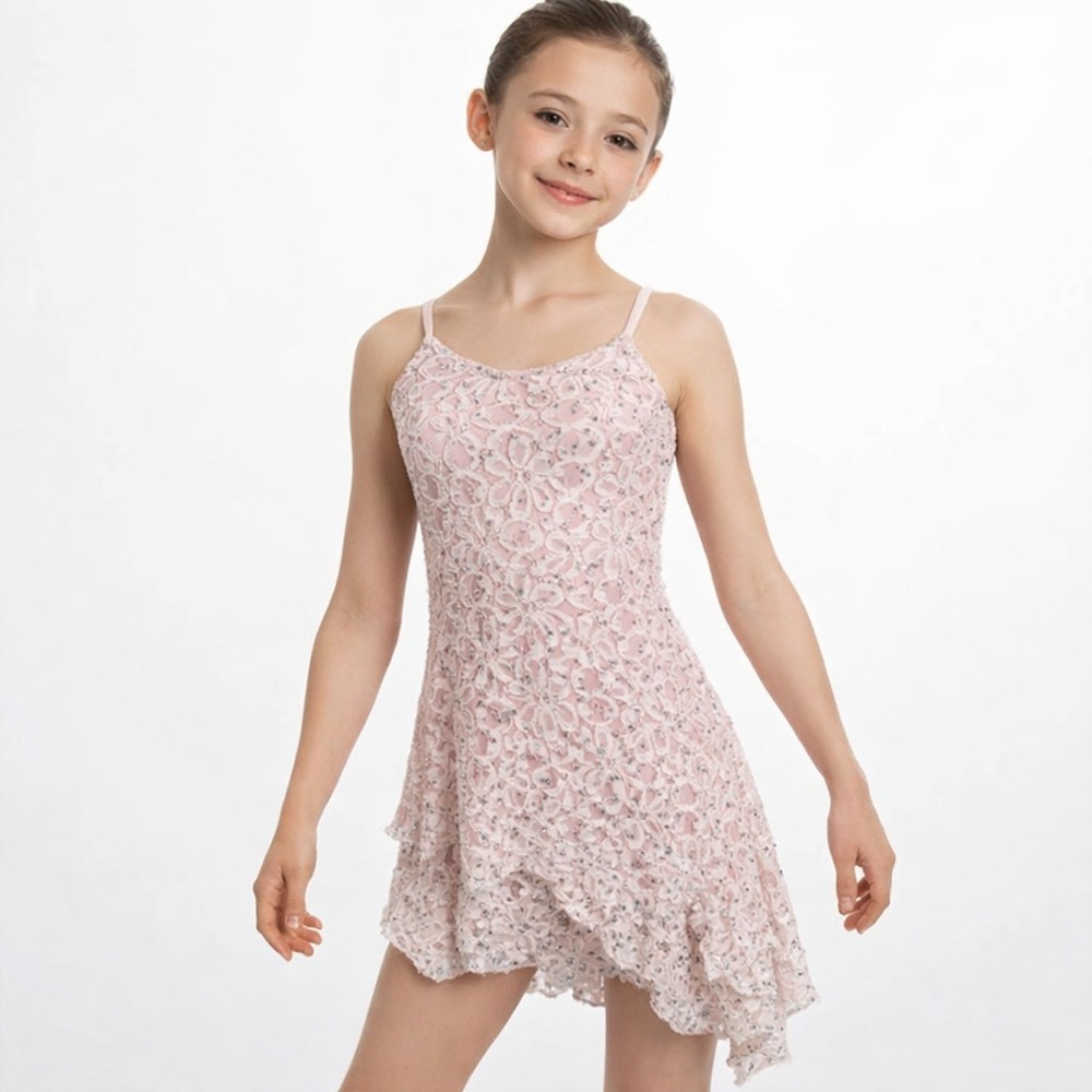 Vintage Pink Lace Dance Dress Silver Glitter Overlay Stretch Girls S Y2K Costume